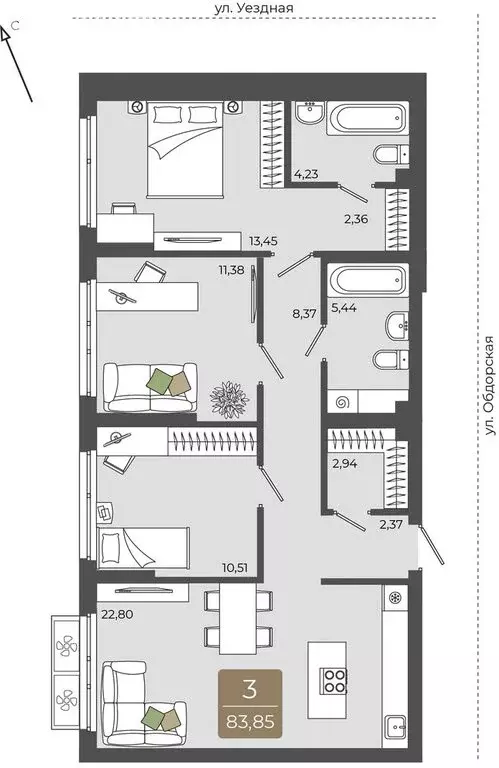 3-комнатная квартира: Тюмень, улица Василия Подшибякина, 5 (83.85 м) - Фото 1