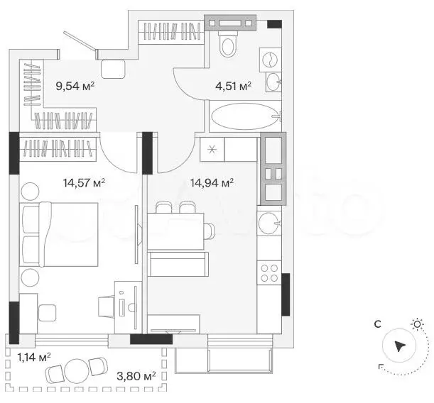 1-к. квартира, 44,9 м, 7/7 эт. - Фото 1