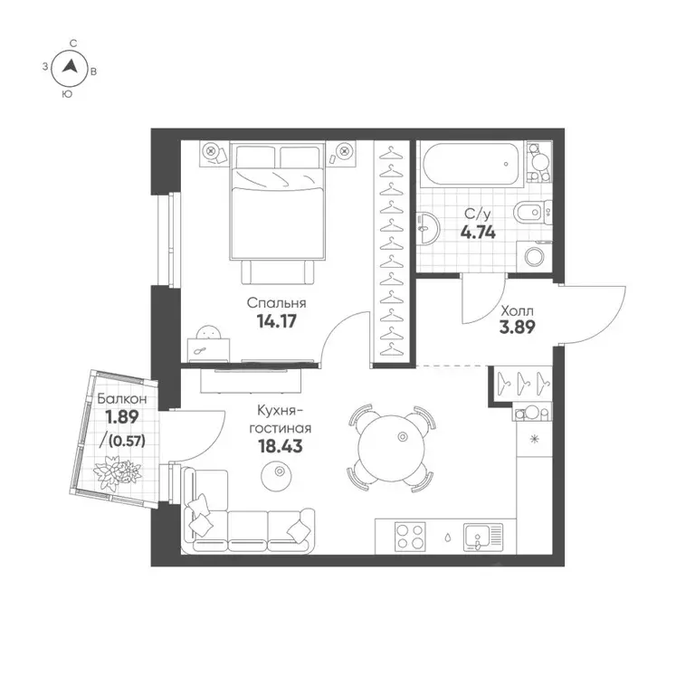 1-к кв. Татарстан, Казань Счастье в Казани жилой комплекс (41.8 м) - Фото 1