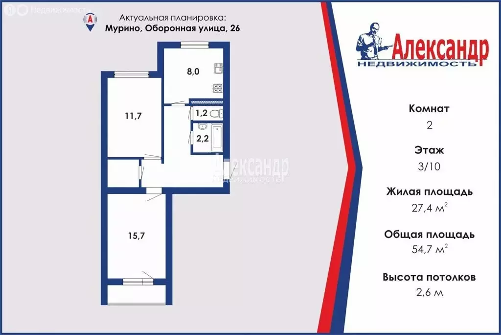 2-комнатная квартира: Мурино, Оборонная улица, 26 (54.7 м) - Фото 1