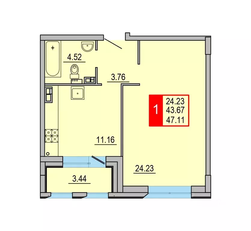 1-к кв. Тверская область, Тверь Петербургское ш. (47.11 м) - Фото 1