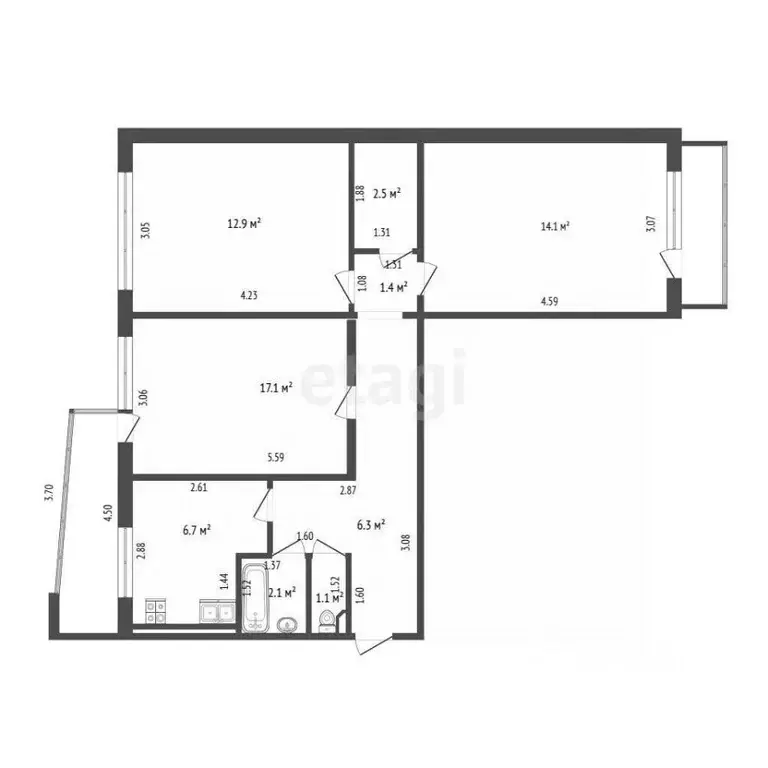 3-к кв. Калининградская область, Калининград Батальная ул., 77 (64.0 ... - Фото 2