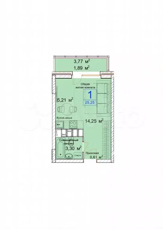 Квартира-студия, 25,7 м, 1/19 эт. - Фото 0