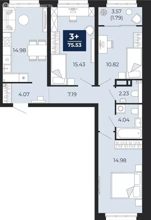 3-комнатная квартира: Тюмень, микрорайон Энтузиастов (75.53 м) - Фото 0