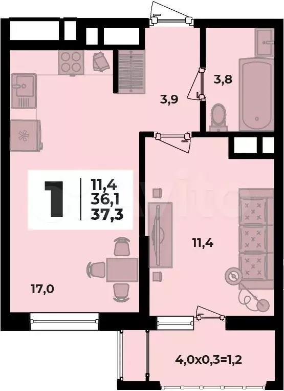 1-к. квартира, 37,3 м, 7/8 эт. - Фото 0