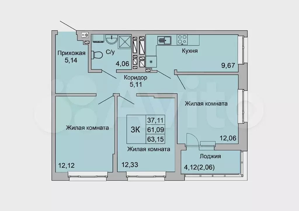 3-к. квартира, 63,2 м, 16/16 эт. - Фото 0