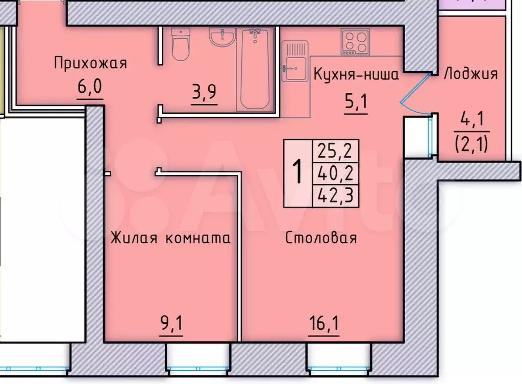 1-к. квартира, 40,3 м, 4/9 эт. - Фото 0