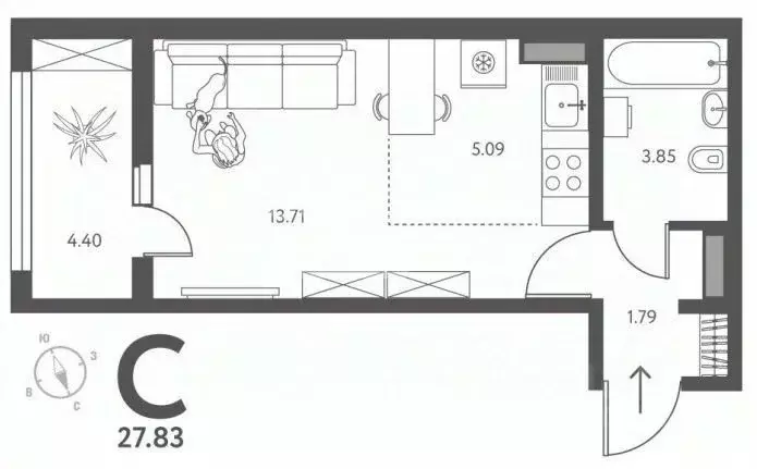 Студия Липецкая область, Липецк ул. Перова, 2Г (27.0 м) - Фото 2