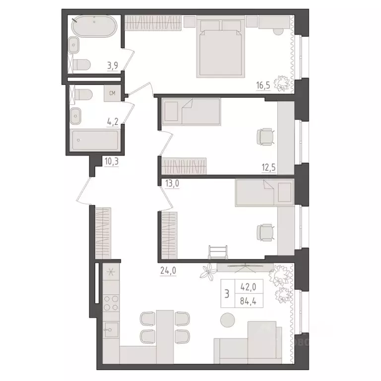 3-к кв. Башкортостан, Уфа 563-й кв-л,  (84.4 м) - Фото 1