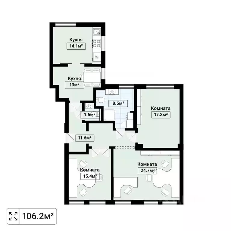 Квартира, 4 комнаты, 106.2 м - Фото 1