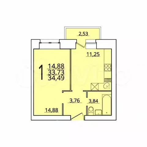 1-к. квартира, 34,5 м, 4/5 эт. - Фото 0