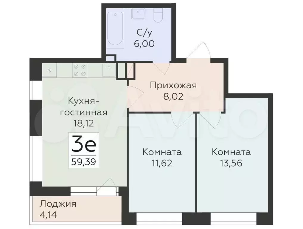 3-к. квартира, 59,4 м, 13/25 эт. - Фото 0
