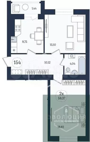 2-к. квартира, 59,4 м, 1/9 эт. - Фото 0