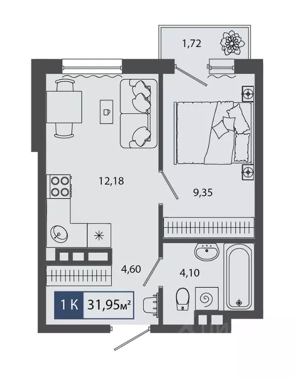 Студия Тюменская область, Тюмень Мелиораторов мкр,  (31.95 м) - Фото 0