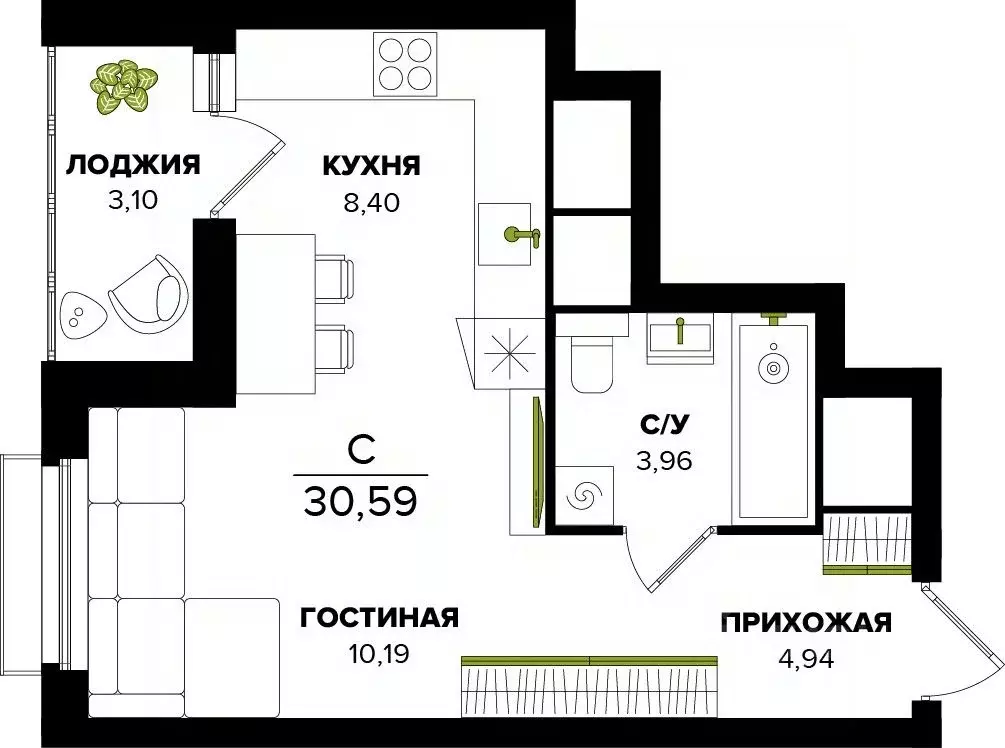 Студия Тульская область, Тула  (30.59 м) - Фото 0