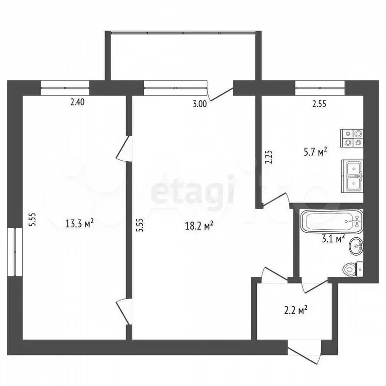 2-к. квартира, 42,5 м, 4/4 эт. - Фото 0
