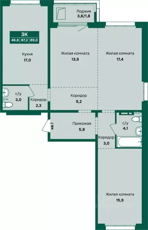 3-к кв. Алтайский край, Барнаул Камчатка жилой комплекс (89.0 м) - Фото 1