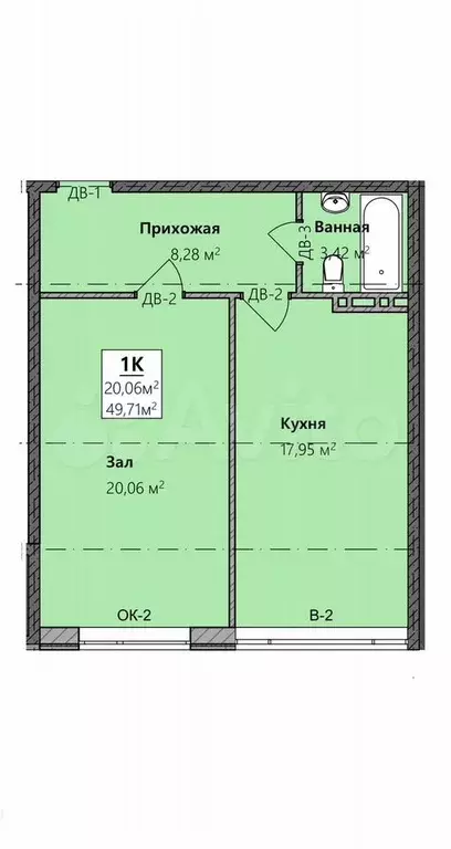 1-к. квартира, 49,7 м, 2/8 эт. - Фото 1