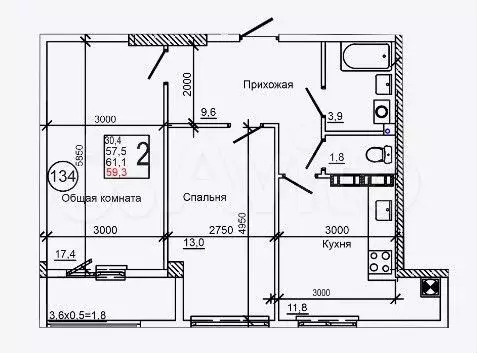 2-к. квартира, 60 м, 5/9 эт. - Фото 0