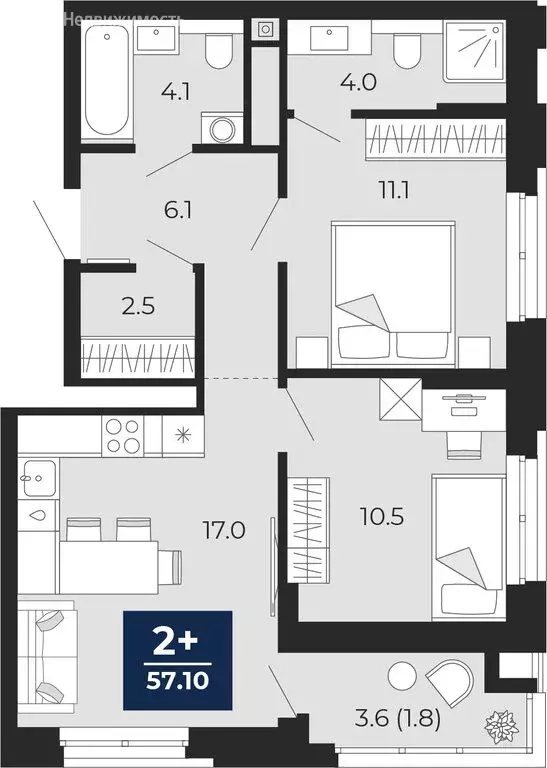 2-комнатная квартира: Тюмень, проезд Капитана Куликова, 7 (58.9 м) - Фото 1