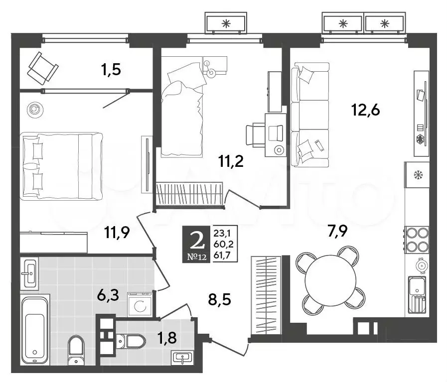 2-к. квартира, 61,7 м, 3/9 эт. - Фото 1