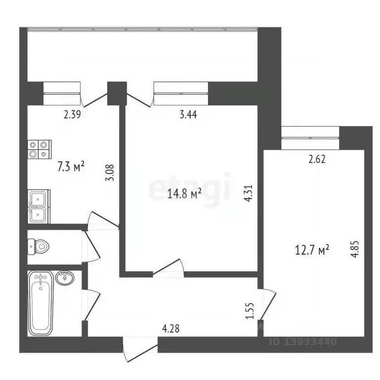 2-к кв. Тюменская область, Тюмень ул. Дружбы, 163 (47.8 м) - Фото 1