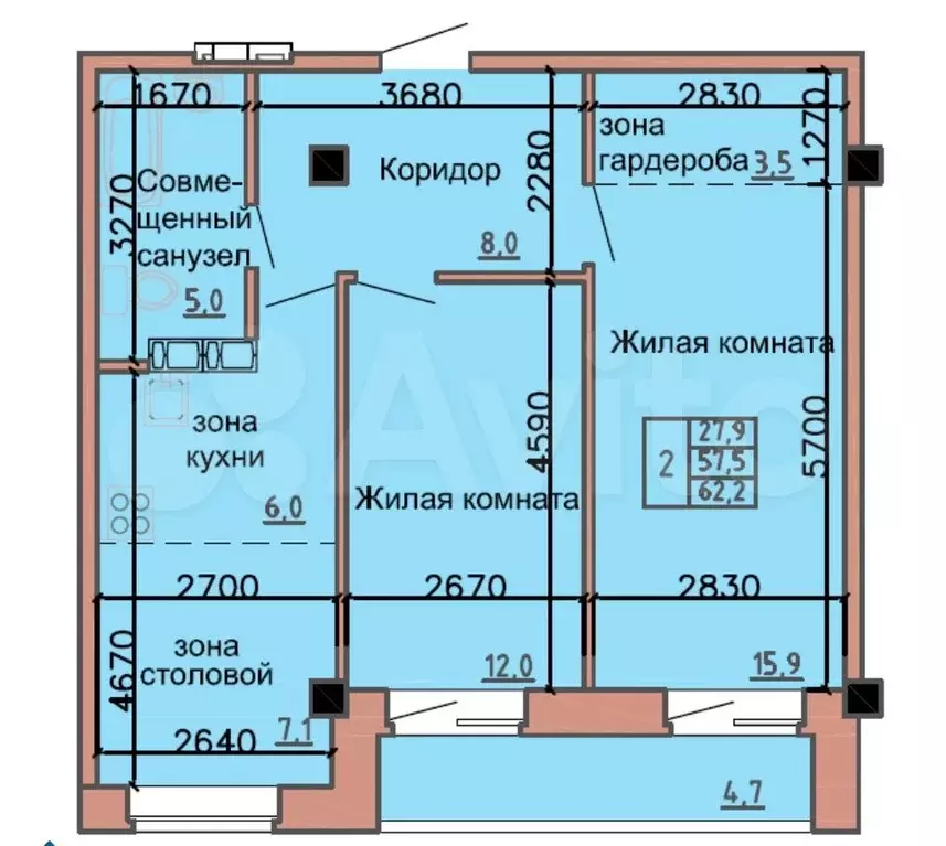 2-к. квартира, 62,2 м, 2/9 эт. - Фото 0