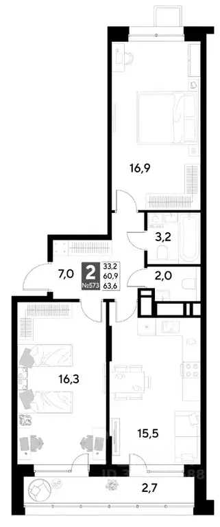 2-к кв. Омская область, Омск Снегири жилрайон,  (63.6 м) - Фото 0