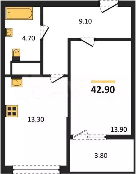 1-к. квартира, 42,9 м, 3/4 эт. - Фото 1