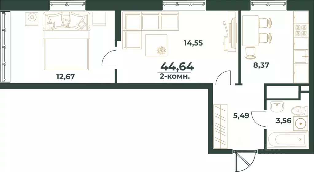 2-к кв. Башкортостан, Уфа ул. Ивана Спатара, 14 (44.64 м) - Фото 1