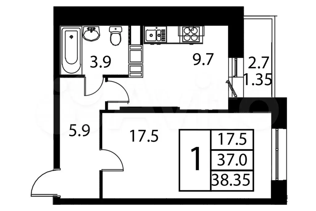 1-к. квартира, 38,4 м, 2/12 эт. - Фото 0