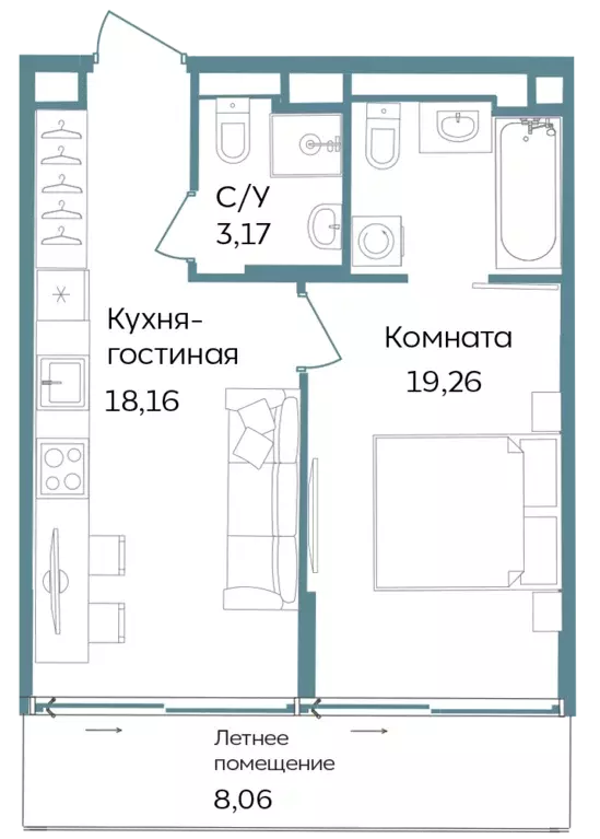 1-к квартира, 48.65 м - Фото 0