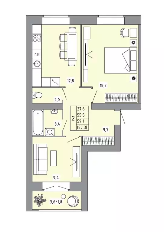 2-к кв. Костромская область, Кострома Калиновская ул., 28А (57.0 м) - Фото 1