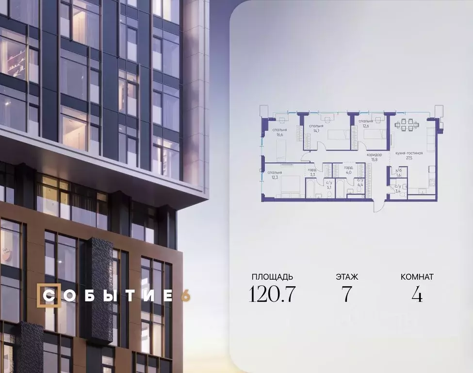 4-к кв. Москва Кинематографический кв-л, Событие жилой комплекс (120.7 ... - Фото 1