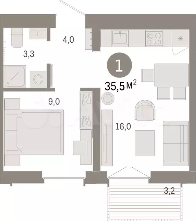 1-к. квартира, 35,5 м, 9/16 эт. - Фото 1