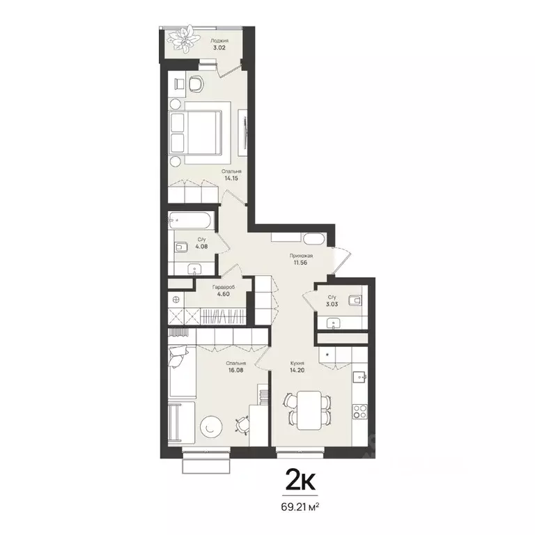 2-к кв. Пермский край, Пермь Уинская ул., 54 (69.21 м) - Фото 1