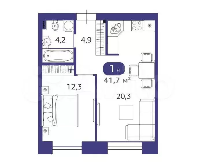 1-к. квартира, 41,7м, 2/7эт. - Фото 1