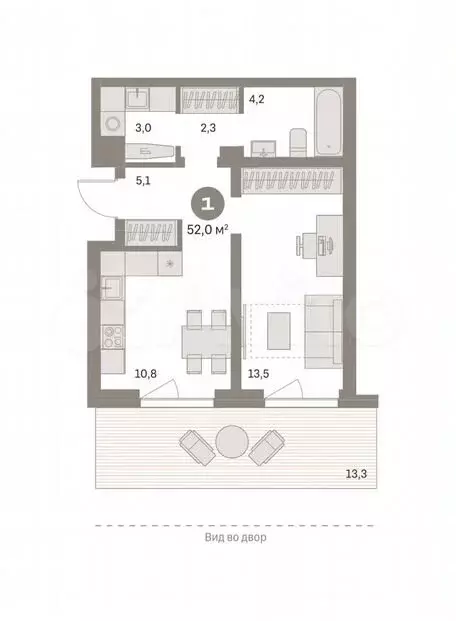 1-к. квартира, 52м, 1/6эт. - Фото 0