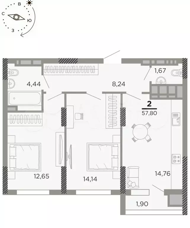 2-к. квартира, 57,8м, 24/24эт. - Фото 0