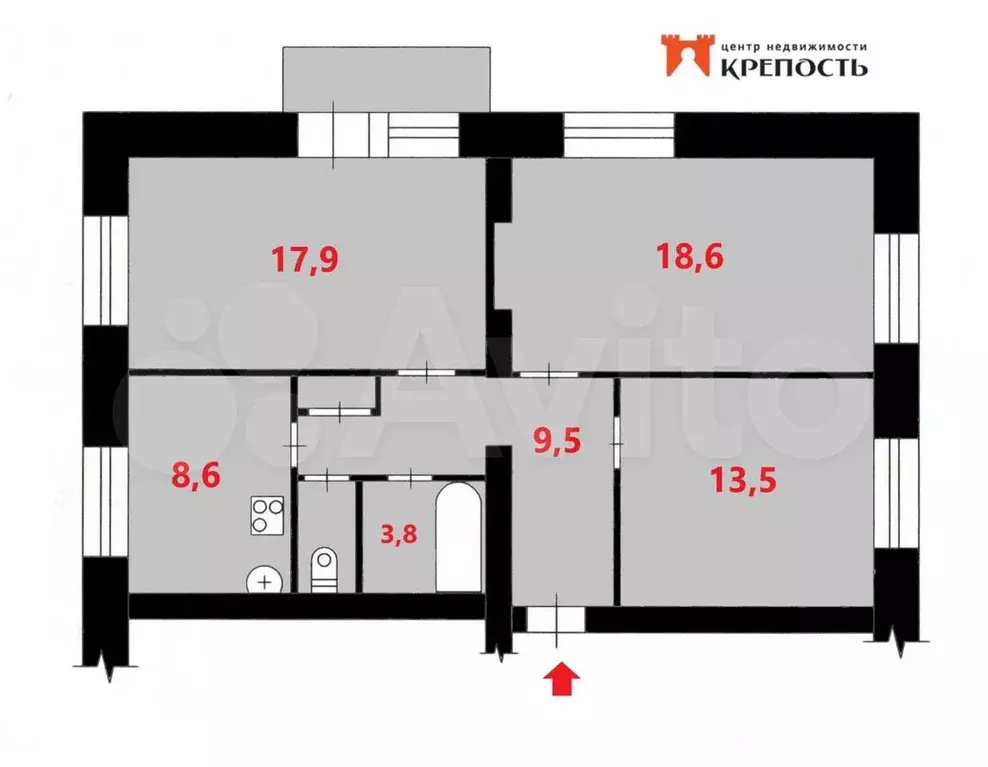 3-к. квартира, 76,4 м, 2/4 эт. - Фото 0