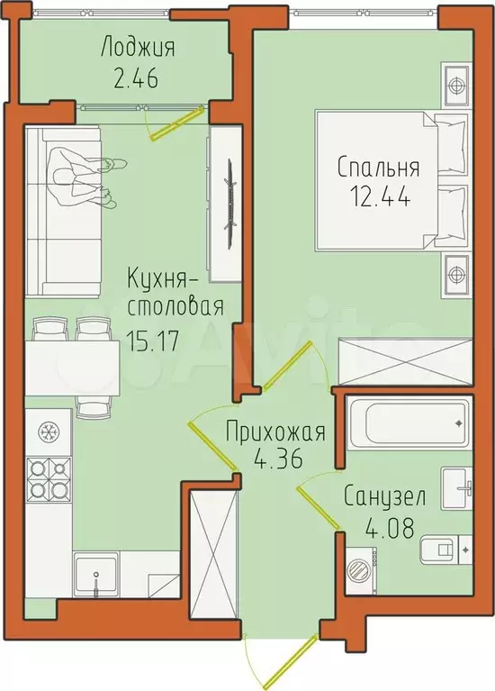 1-к. квартира, 38,5 м, 1/5 эт. - Фото 0