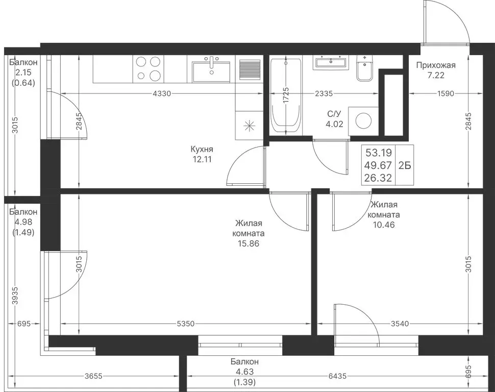 2-комнатная квартира: Казань, ЖК Мой Ритм, ПК14 (53.19 м) - Фото 1