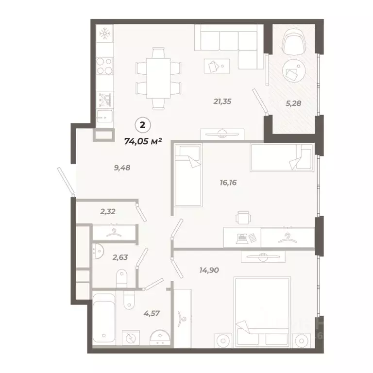 2-к кв. Санкт-Петербург ул. Коли Томчака, 21Д (74.05 м) - Фото 0