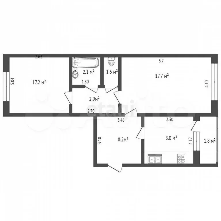 2-к. квартира, 53,7 м, 3/3 эт. - Фото 0