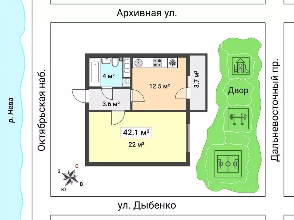 1-к кв. Санкт-Петербург ул. Дыбенко, 4к1 (42.1 м) - Фото 2
