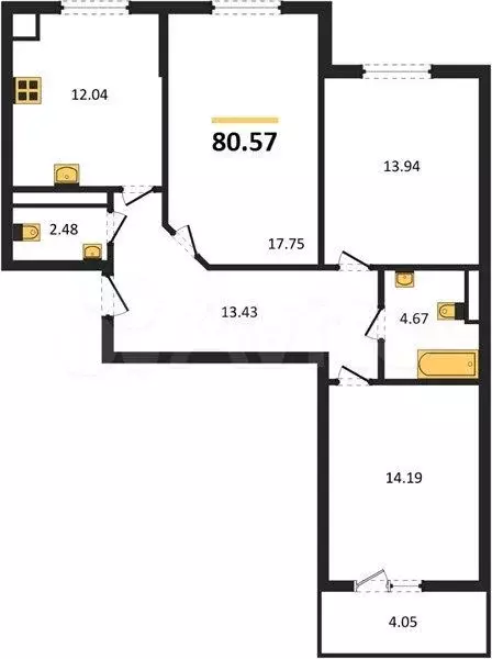3-к. квартира, 80,6 м, 4/9 эт. - Фото 1