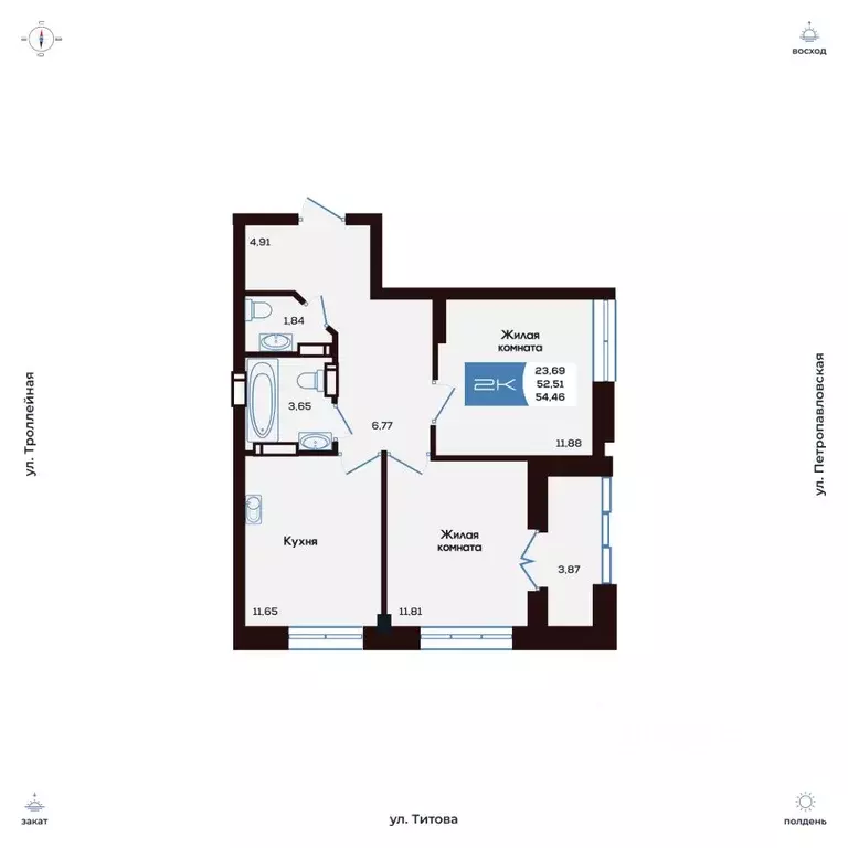 2-к кв. Новосибирская область, Новосибирск ул. Титова, 48 (54.56 м) - Фото 1