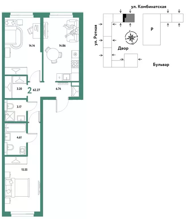 2-комнатная квартира: Екатеринбург, Ленинский район (62.27 м) - Фото 1