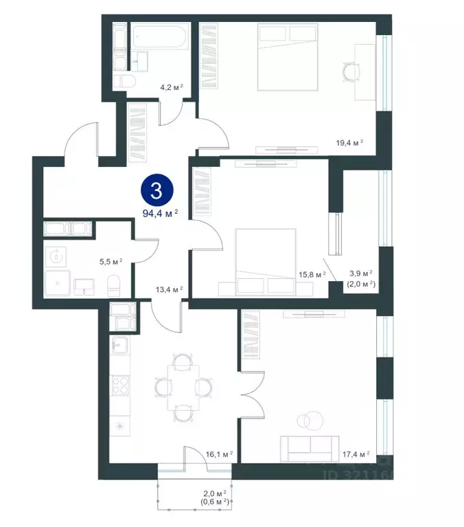 3-к кв. Воронежская область, Воронеж ул. Ворошилова, 19 (94.4 м) - Фото 1