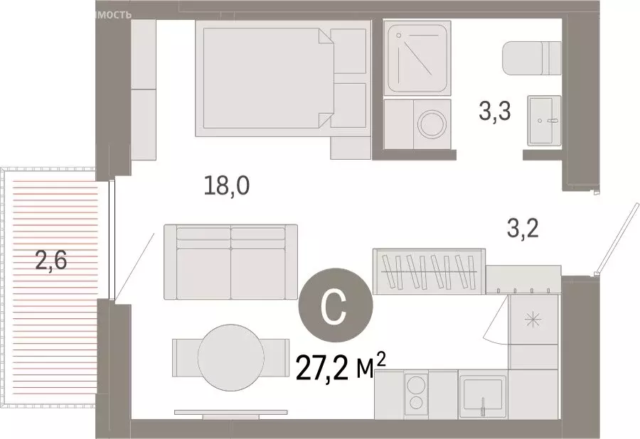 Квартира-студия: Тюмень, Мысовская улица, 26к2 (27.24 м) - Фото 1